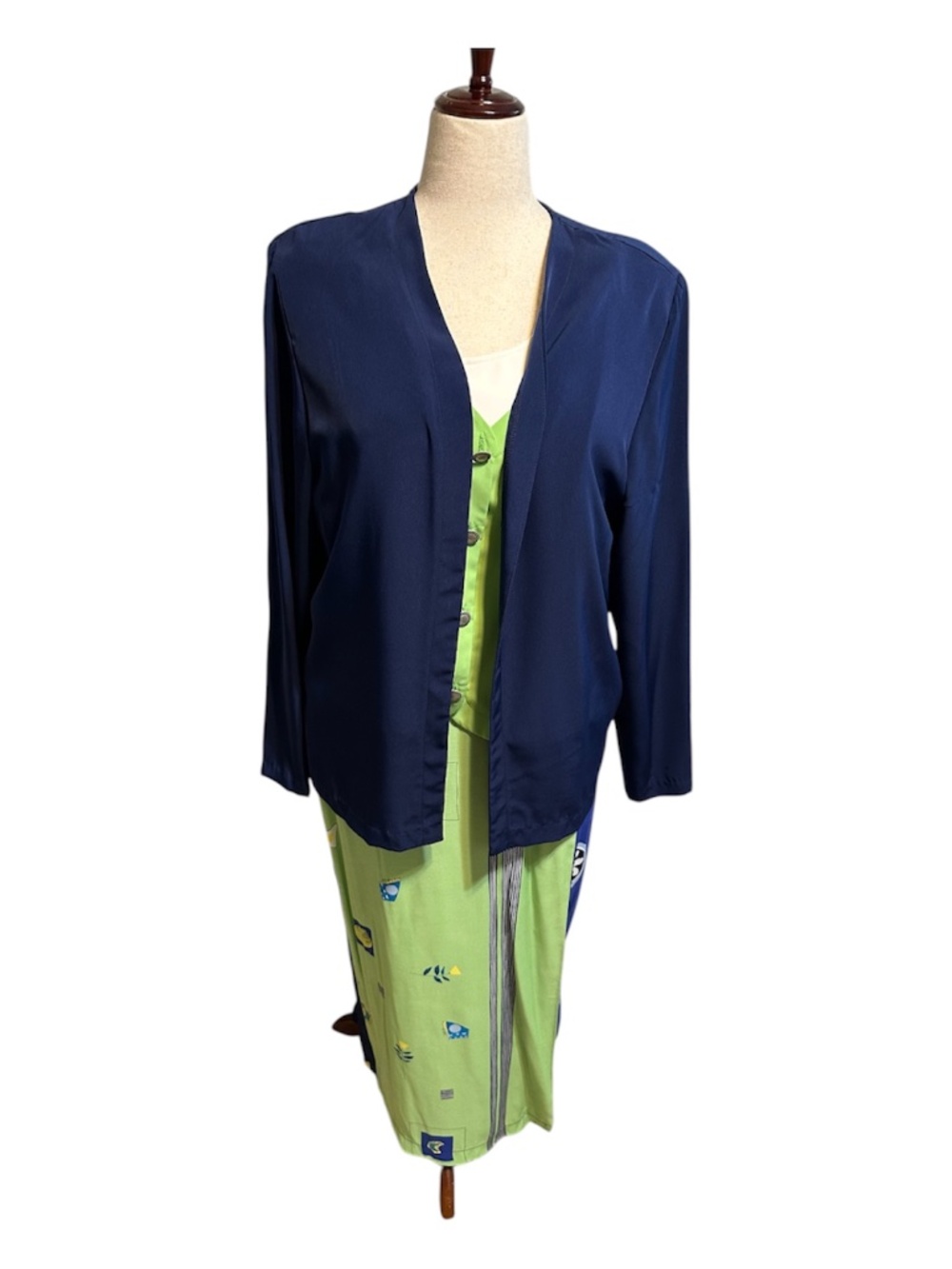 Susan Burrowes 2-Piece Dress Set Navy Jacket & Green Print Dress
